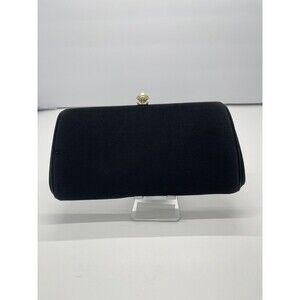 Vintage HL Harry Levine Black Satin Clutch Purse Gold Hardware Pearl Clasp Chain